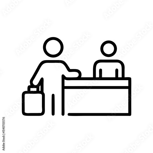 Airport check-in counter with passenger and agent. Passenger approaches counter with luggage for check-in process.
