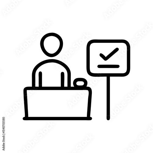 Simple check-in kiosk icon with person at desk and confirmation sign.  Check-in kiosk illustration shows person sitting at desk next to confirmation sign.