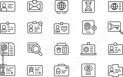 Twenty Minimalist Black Line Art Icons Set Identification Cards Passport Airplane