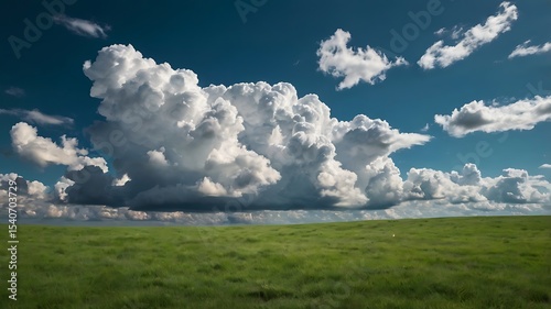 Vast grassy plain beneath a dramatic sky filled with cumulus clouds.