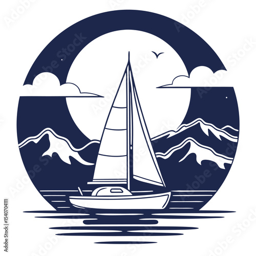 A beautiful sailboat sailing on the sea with mountain backdrop and a serene moon