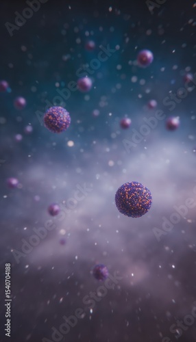 Floating purple and orange spheres in a nebula