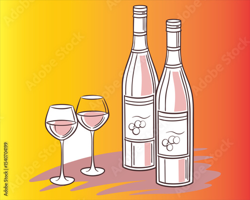 Elegant pink wine setup with roses, blank label, watercolor backdrop.
