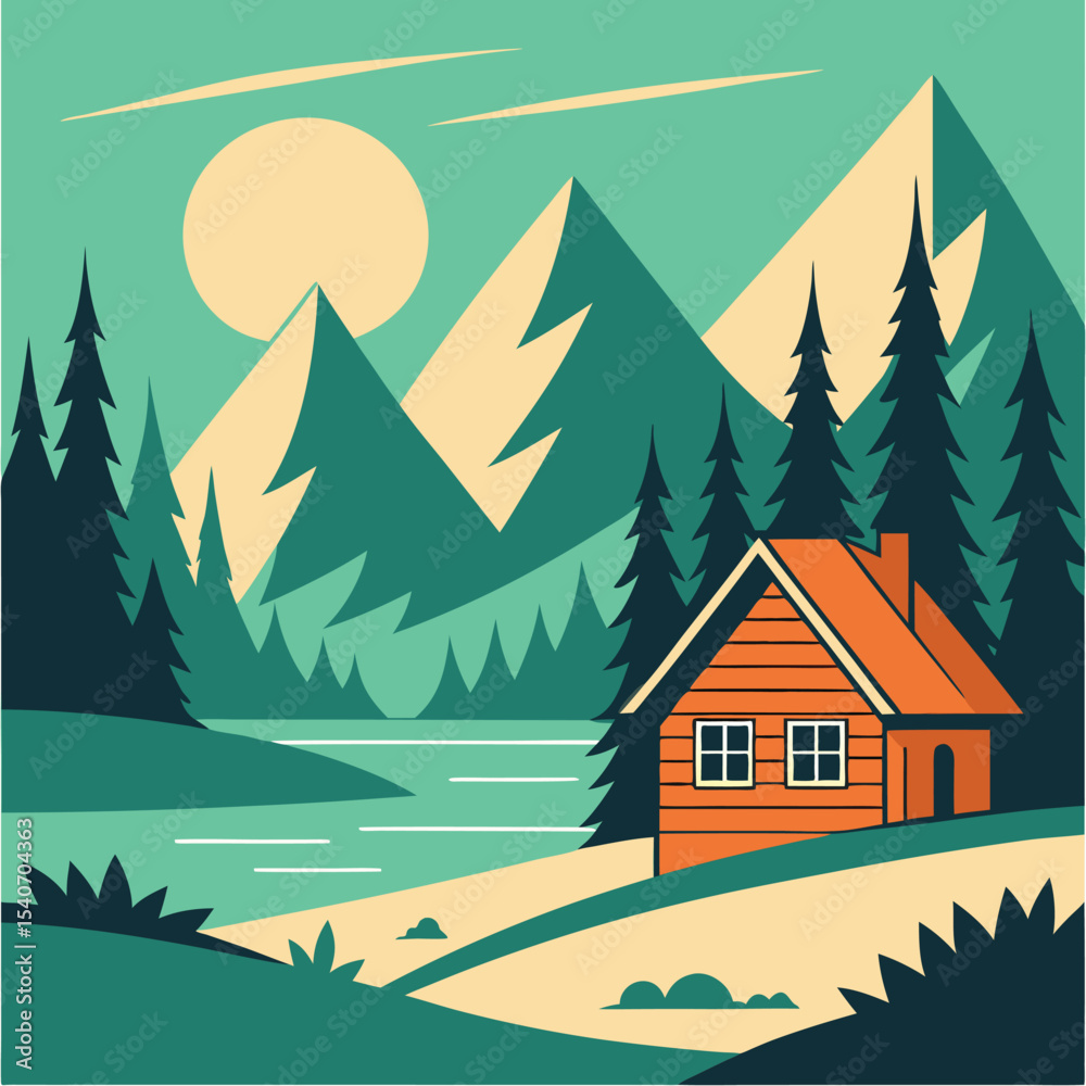 Obraz premium Cozy orange cabin nestled among evergreen trees, lake, and mountains evokes peaceful nature scene