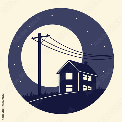 A quaint house sits beneath the full moon, under a star filled night sky