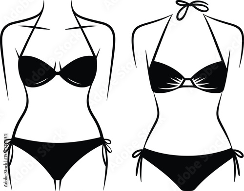 Bikini Body Silhouette Set, Female Figure in Stylish Swimwear Vector Art.