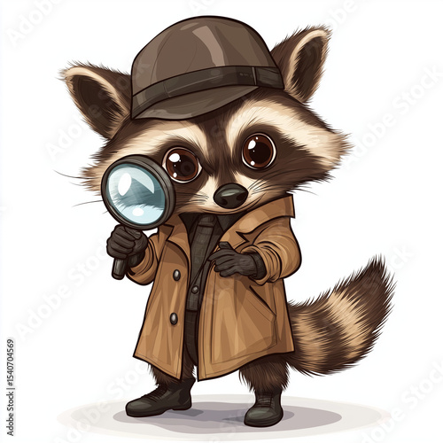A detective raccoon with a magnifying glass, wearing a trench coat and hat, cartoon character on white background, vector.