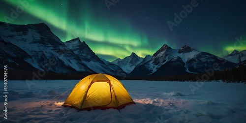 A yellow tent nestled in snowy mountains under a vibrant aurora borealis display.