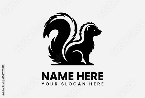 Stylized illustration of a skunk with a bushy tail, rendered in black and white.