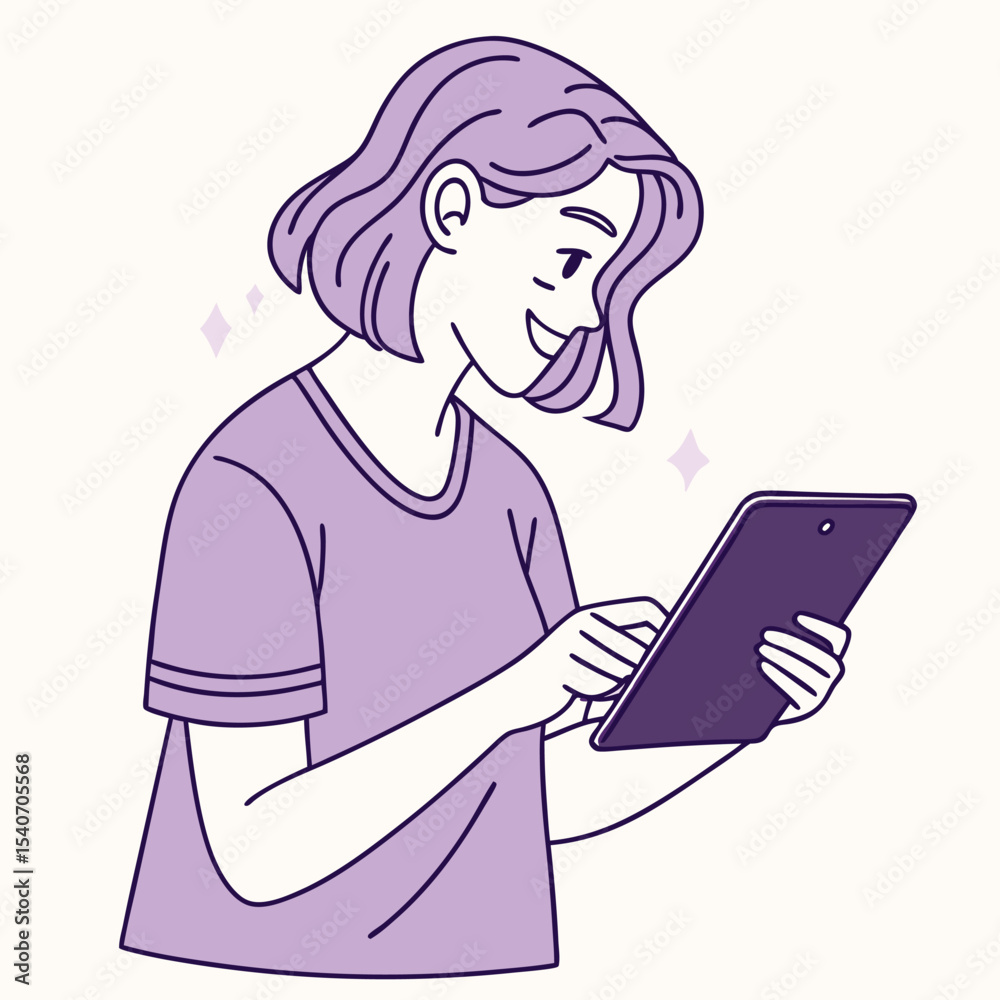 Smiling young woman with short wavy hair interacts happily with her tablet device Smiling young woman with short wavy hair interacts happily with her tablet device