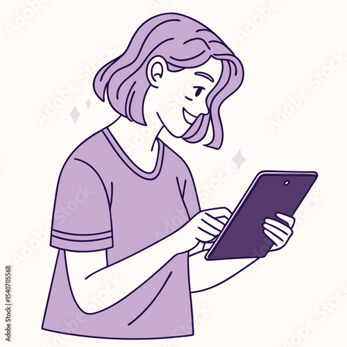 Smiling young woman with short wavy hair interacts happily with her tablet device
