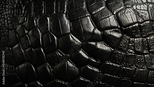 Close-up of dark, textured reptile scales exhibiting a pattern of raised, polygonal shapes.