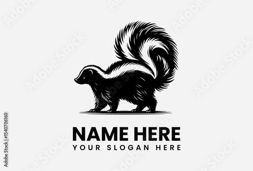 Illustration of a skunk with a bushy tail, rendered in black and white against a light background, with text placeholders.