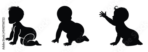 Silhouettes of crawling babies in various poses, great for early development illustrations or educational materials.