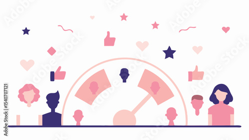 Illustration of a gauge with faces, thumbs up, stars, and hearts, surrounded by people silhouettes