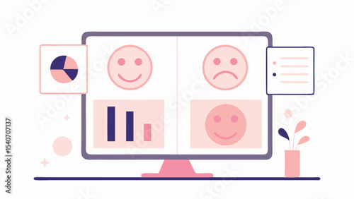 Illustration of a computer screen displaying feedback data with happy and sad emoticons shown