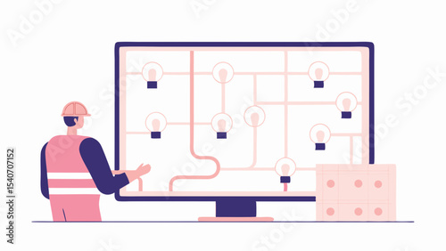 An engineer views a circuit board diagram with light bulbs on a large computer screen display