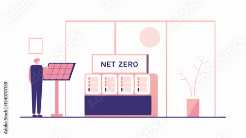 Man standing by solar panel display next to net zero exhibit in a modern minimalist styled room setting