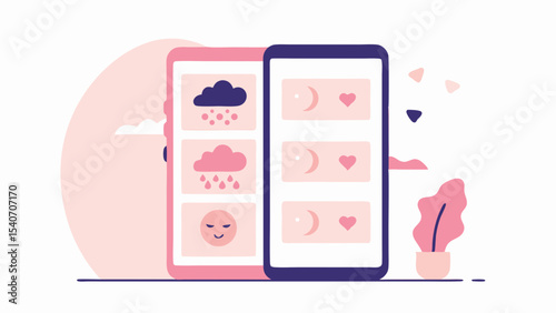 Two mobile phones display weather and mood tracking applications in a soft color palette design