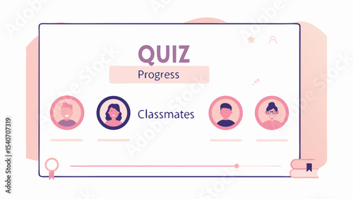 Quiz interface showing progress with classmates avatars and books stack on a pink and white theme