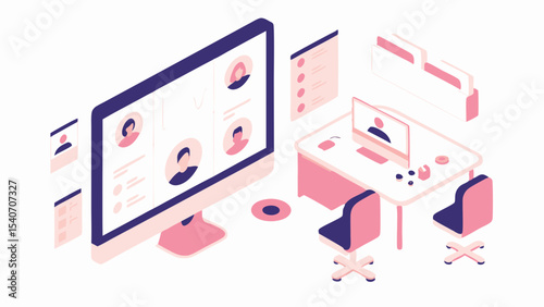 Isometric view of a virtual meeting setup with computers and office furniture in pink and purple tones