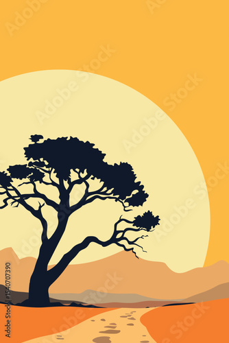 Tree, Sunset, Wilderness, Landscape, Road, Desert, Sand, Canyon, Valley, Distance, View, Rock, Mountain, Hill, Sun, Sky, Nature, Artwork, Vector