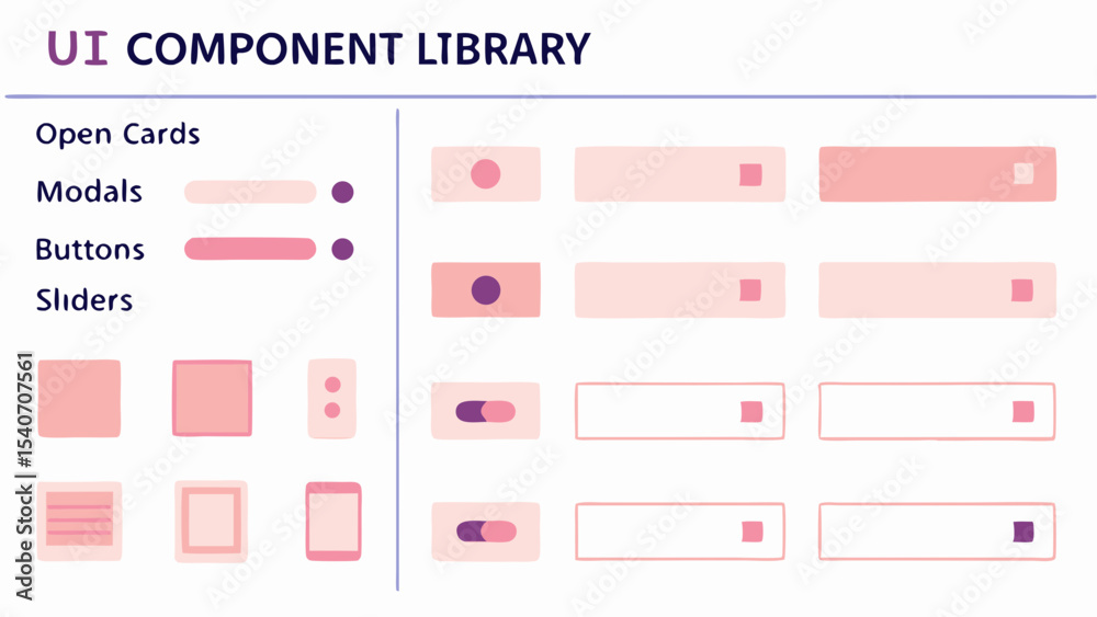 Ui component library showcasing open cards modals buttons sliders and various interface elements in pink hues