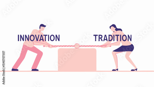 Illustration of a man and a woman pulling a rope in a tug of war between innovation and tradition concept