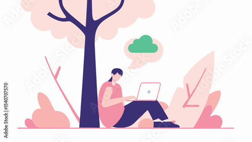 Woman sitting under a tree working on a laptop with a cloud thought bubble above her head outdoors