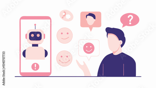 Illustration of a person interacting with a robot on a phone with various feedback and question icons
