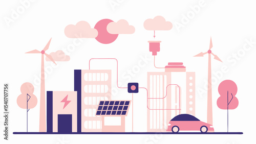 Illustration of a city powered by renewable energy sources like wind turbines and solar panels with car