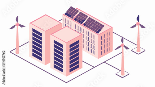 Isometric view of buildings with solar panels and wind turbines showcasing sustainable energy solutions design