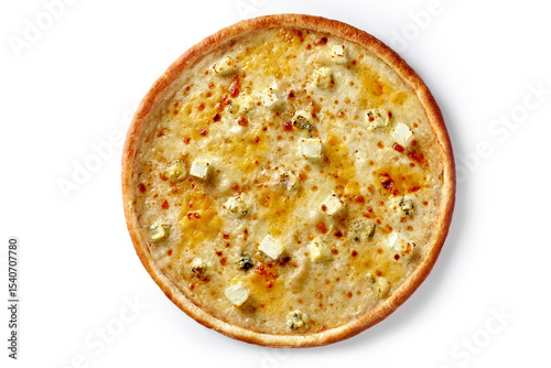 Four cheese pizza isolated on white background from above