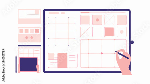 Illustration of a hand using a stylus on a tablet displaying a wireframe layout with grid and elements