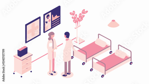 Isometric view of doctors in a hospital room with beds and medical equipment in a modern design style