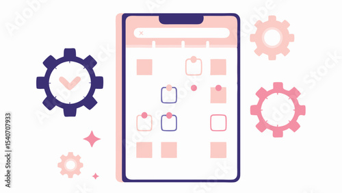 Mobile interface with gears clock and task icons depicting a workflow and productivity application design