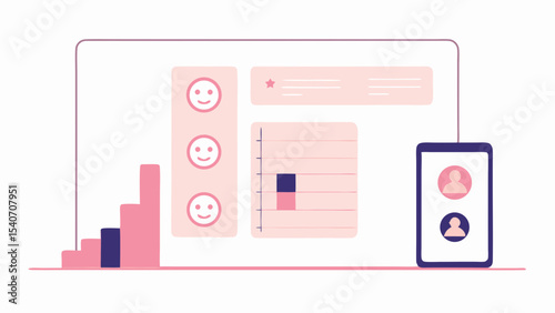 Illustration of a dashboard interface with charts and a mobile device displaying user profiles