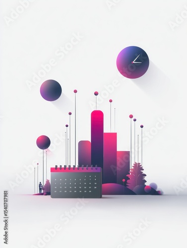 Abstract graphic design with a calendar, clock, and data visualization elements