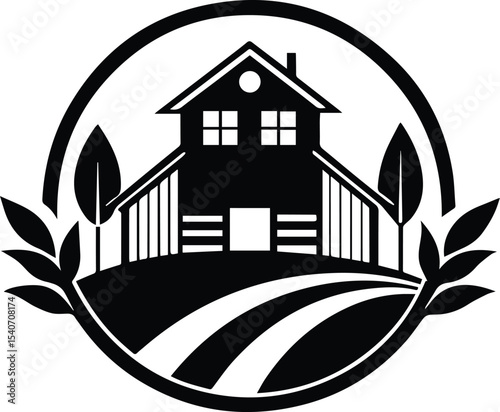 Vintage Farmhouse Logo Vector Silhouette Design, Farm house logo, house icon vector, Countryside Barn Silhouette, Agricultural Farm Icon, Rustic Barn Farm Field, House in the forest logo vector.