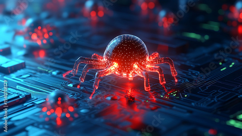 Glowing nanobot node sending pulses to suppress virus signals 