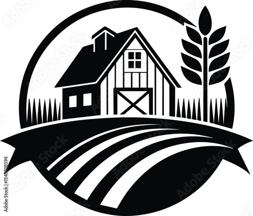 Vintage Farmhouse Logo Vector Silhouette Design, Farm house logo, house icon vector, Countryside Barn Silhouette, Agricultural Farm Icon, Rustic Barn Farm Field, House in the forest logo vector.