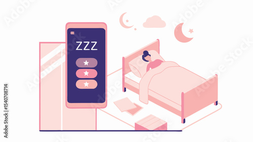 Illustration of a woman sleeping in bed with a sleep tracking app on a phone next to a wardrobe