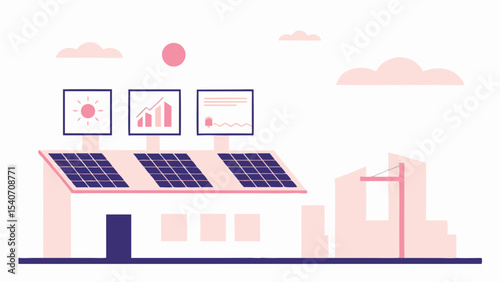 Illustration of building with solar panels and monitor screens under a pink sun and cloudscape