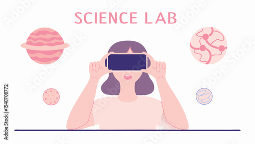 Illustration of a woman using vr headset surrounded by planets and science themed graphics in a lab space