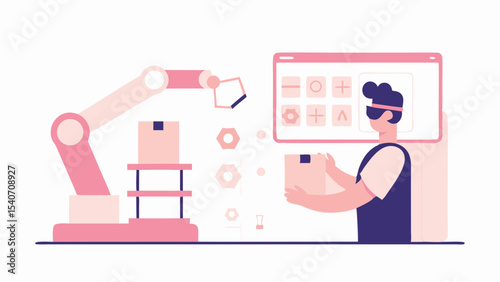 Illustration of a robotic arm placing a box on a shelf with a person holding a box nearby on white