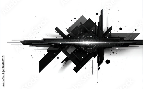 Abstract graphic design with black shapes and light effects on white background