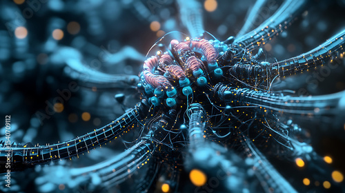 High-resolution nanobot surrounding a virus with inhibitor filaments 