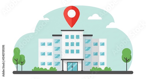 Cityscape illustration of a modern office building.