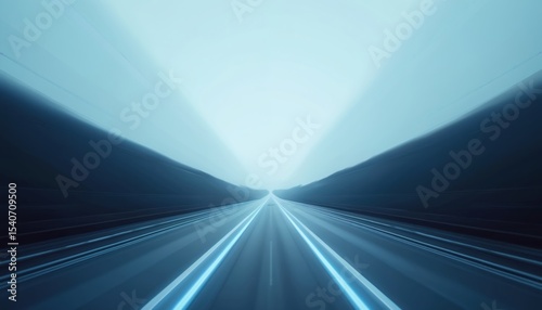 Futuristic design of highway road with blue gradient. Dynamic lines suggest fast movement in modern tech digital world. Minimalist style, high-resolution abstract illustration.