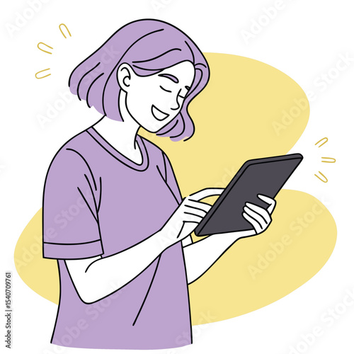 Contented young woman with short purple hair is using tablet with simple line